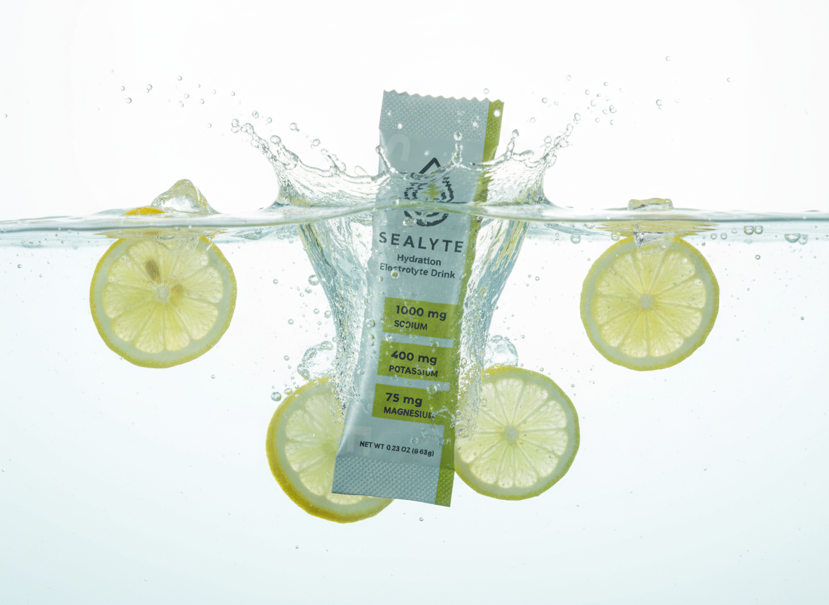 Sealyte supplement packet with lemon slices in water on a white background