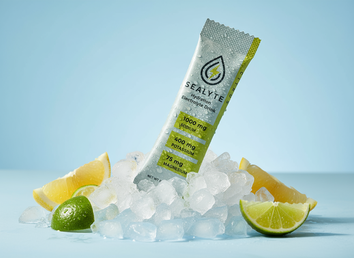 Sealyte electrolyte drink stick with lemon and lime slices on a blue background